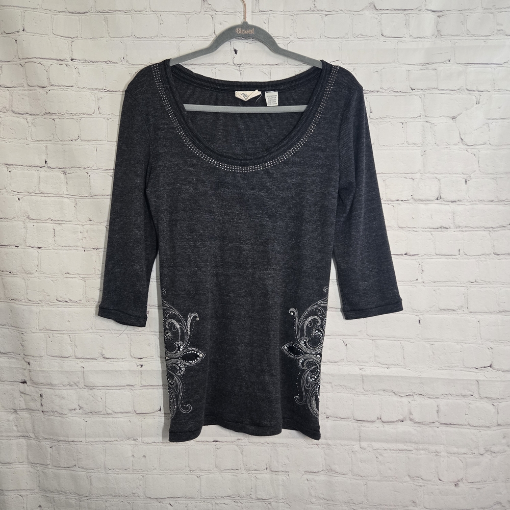 Miss‎ Me Ribbed  Bling Studded Cross Shirt L Y2K Mall Goth Grunge Cyber Biker